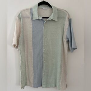 Zara men short sleeve button up linen cotton blend shirt color block pastel